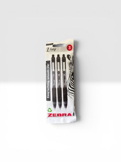 Picture of 3 x Zebra Black Z-Grip Smooth Ballpoint pens Retractable NEW
