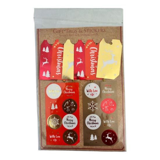 Picture of Red gold Christmas gift tag label and sticker set  6 gift tags 2 sticker sheets