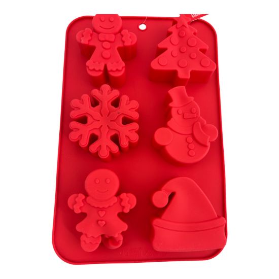 Picture of red christmas muffin mould 6 shapoes snowman snowflake tree santa hat etc