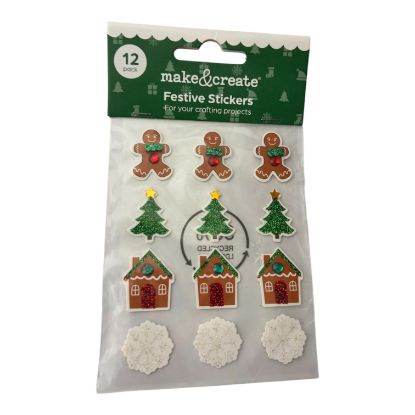 Picture of 12 x christmas glitter stickers gingerbread men tree, house snowflakeGlitter Gingerbread Stickers: Pack of 12