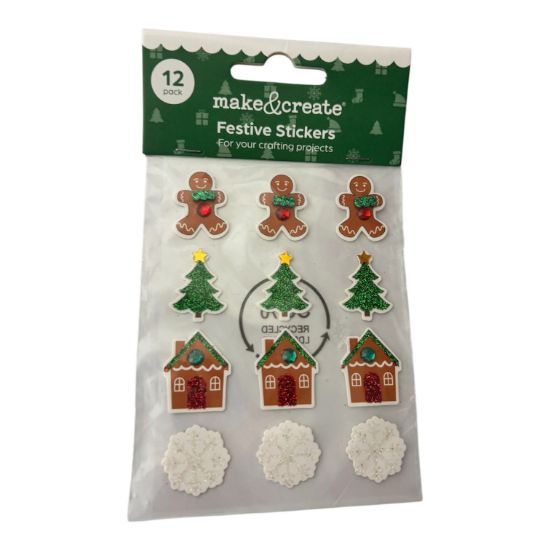 Picture of 12 x christmas glitter stickers gingerbread men tree, house snowflakeGlitter Gingerbread Stickers: Pack of 12