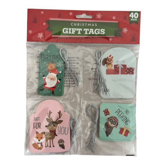 Picture of 40 x Christmas Gift Tags cute characters with silver Twine 4 designs pink just for you green from santa no peeking owl