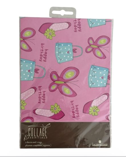Picture of Butterflies Pink Happy Birthday Gift Wrap set 2 sheets 2 tags 50 x 70cm