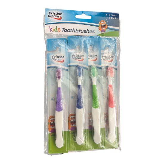 Picture of 4 x kids toothbrushes individual boxed purple blue green and red