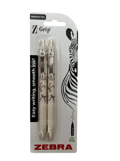 Picture of 2 x Zebra pens pink bow design Z-Grip Easy Writing Smooth ink pens