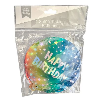 Picture of 4 x Happy Birthday 4 SELF INFLATING BALLOONS with STICKS Metallic New