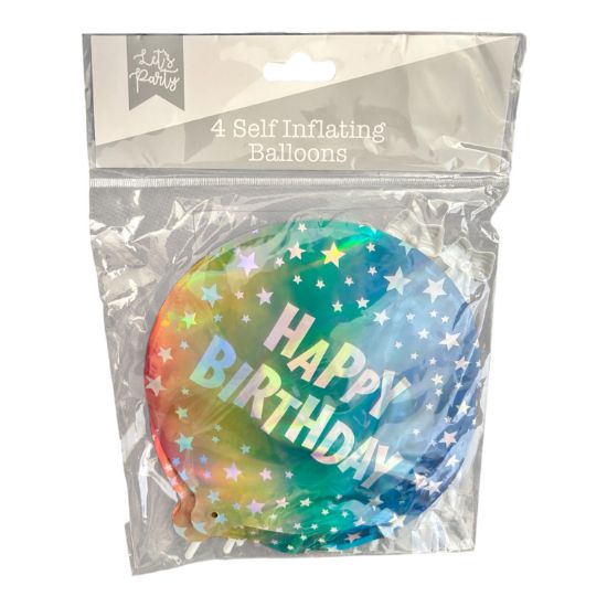 Picture of 4 x Happy Birthday 4 SELF INFLATING BALLOONS with STICKS Metallic New