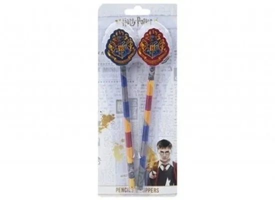 Picture of 2 x harry potter pencils with eraser toppers tops  white packet bllue and red crest toppers on stripy pencils (multicolour)