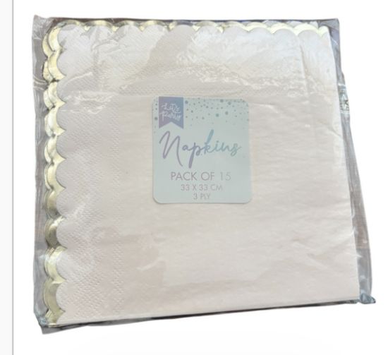 Picture of 15 x Scalloped pink peach Paper NAPKINS WITH SCALLOPED Gold edges 33 x 33cm NEW
